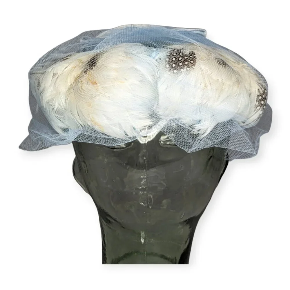 Vintage Light Blue with Feathers & Net Pinch Hat - Picture 3 of 9